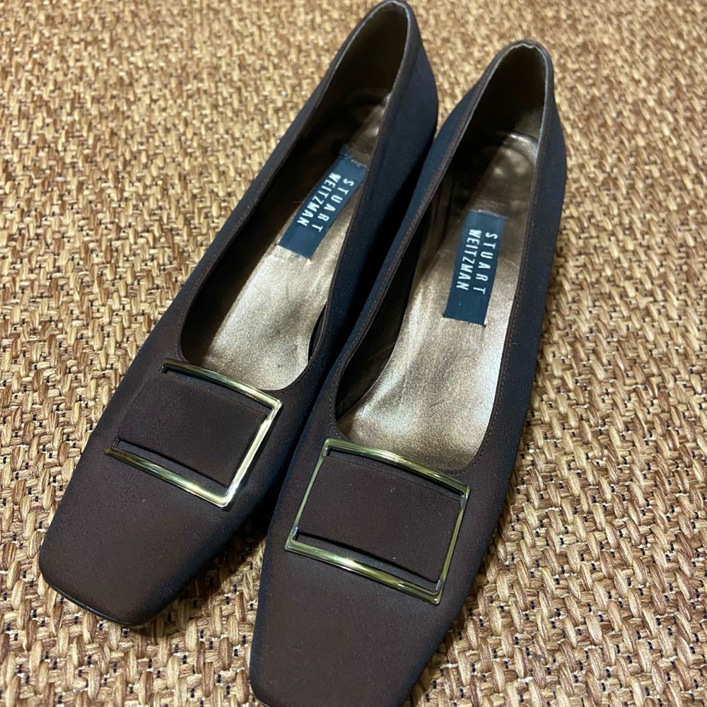 Vintage Stuart Weitzman Dark Brown Flats with Square Buckle & block heel, 11. - Picture 2 of 10